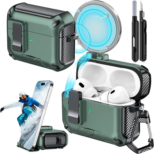 Miniatura 28 de Funda para AirPods Pro 2 (2023/2022/2019) con soporte para teléfono, (con interruptor a presión automático), diseño de fibra de carbono, cubierta