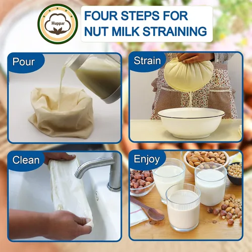 Miniatura 6 de Paquete de 3 bolsas de leche de nuez de 16 x 16 pulgadas para colar, 100% tela de algodón sin blanquear, gasa reutilizable, colador para leche