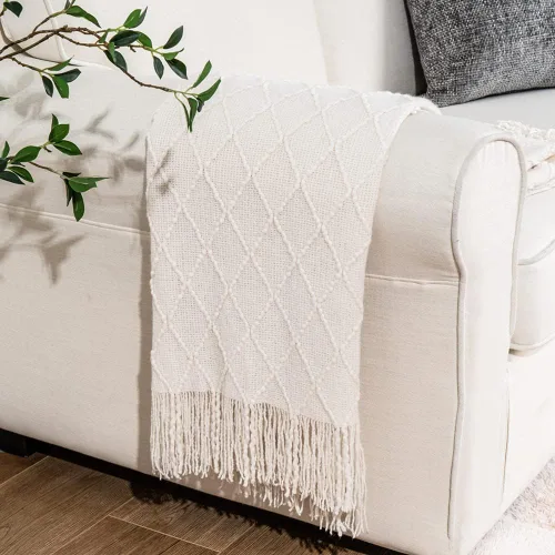 Miniatura 8 de BATTILO HOME Manta crema para sofá, cobija decorativa de estilo bohemio para dormitorio, manta blanca decorativa para sofá, sala de estar, 50 x 60