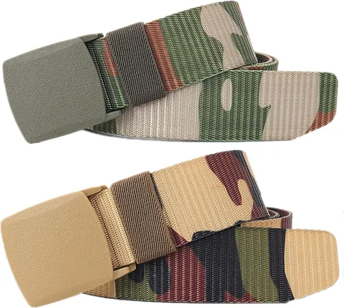 Cinturón para hombre, cinturón táctico militar de nailon con hebilla sin metal, paquete de 2 Camuflaje verde y camuflaje caqui