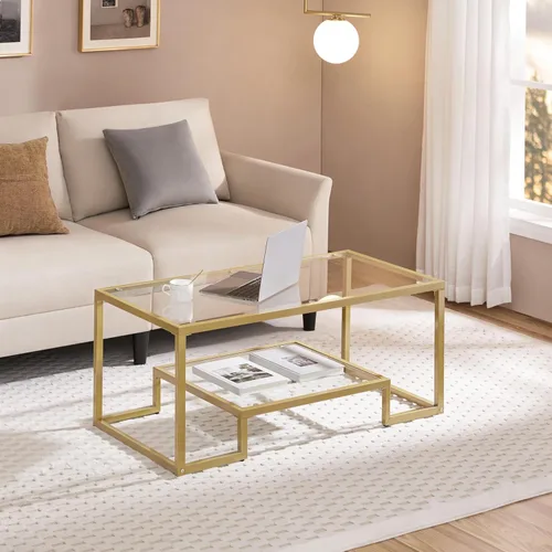 Miniatura 2 de Yaheetech Mesa de Café Dorada, Mesa de Centro de Vidrio Rectangular de 42" para Sala de Estar, Mesas de Té de 2 Niveles con Marco de Metal