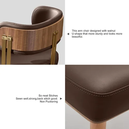Miniatura 5 de ARTPLAN Mid-Century - Juego de 2 sillas de comedor tapizadas de cuero con chapa de madera de nogal y patas de metal dorado, cojín de espuma de alta