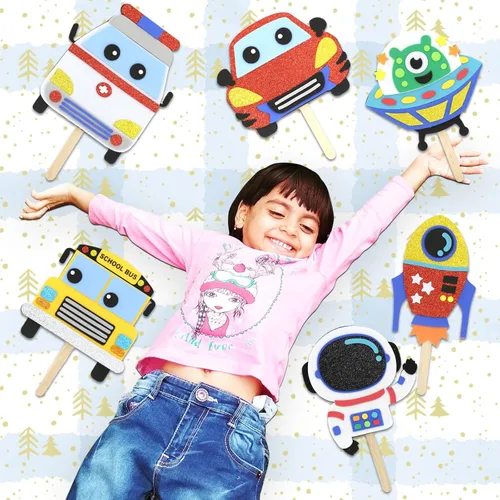 Miniatura 6 de VKPI Kit de Manualidades para Hacer 6 Marionetas de Palitos de Helado para Niños, Regalo de Manualidades de Arte de Espuma, Juguetes para la Hora
