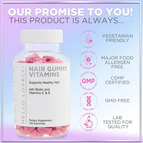 Miniatura 4 de Hello Lovely - Gomitas de vitaminas para el cabello con biotina, 5000 mcg de vitaminas E y C que apoyan el crecimiento del cabello, vegetariano
