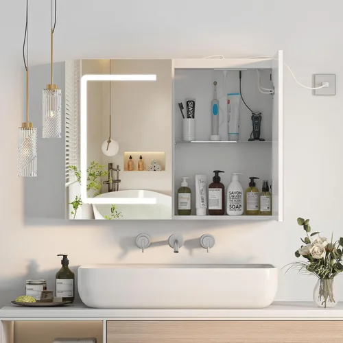 Miniatura 13 de Gabinetes de medicina LED para baño, botiquín iluminado con espejo, tocador de baño de montaje en superficie con almacenamiento, brillo ajustable