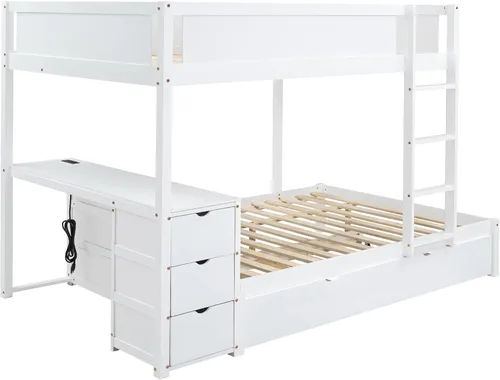 Miniatura 4 de Litera de tamaño matrimonial con escritorio debajo de la cama, cama nido de tamaño individual y cajones de almacenamiento, no necesita somier Blanco
