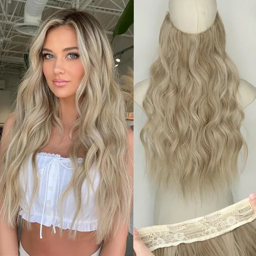 Miniatura 62 de KooKaStyle - Extensiones de cabello con hilo invisible, diadema transparente, ajustables, 4 clips fijadores, cabello largo y ondulado de 12