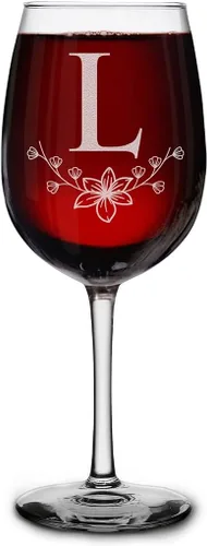 Miniatura 16 de shop4ever Copa de vino con monograma con monograma floral con inicial grabada, copa de vino de 16 onzas, elegante copa de vino de letra B
