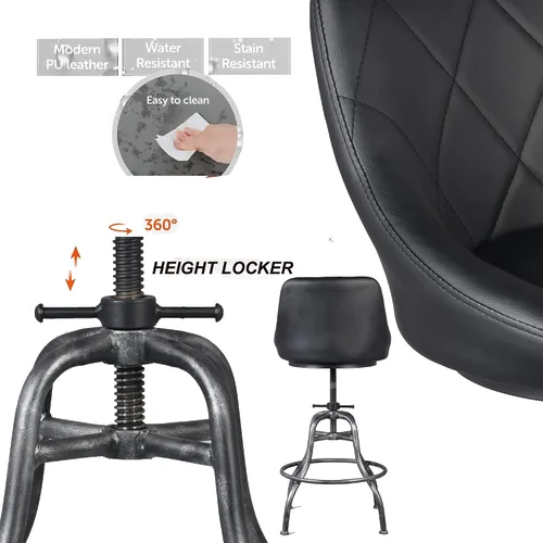 Miniatura 4 de Diseño industrial Metal Altura ajustable PU Respaldo Silla Vintage Bar Taburete Negro Asiento de cuero