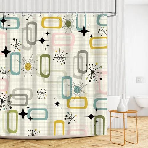 Miniatura 4 de Cortina de ducha de mediados de siglo, juego de cortinas de ducha bohemias y modernas a cuadros para decoración de baño, tela impermeable con 12