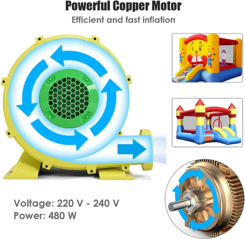 Miniatura 3 de HONEY JOY Soplador de aire, soplador de casa de rebote de 480 vatios de 0.6 HP para inflables, castillo hinchable y toboganes, alambre y estacas