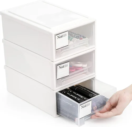 ZENFUN Paquete de 3 cajones apilables de plástico, cajas organizadoras de escritorio tipo cajón pequeño, cómoda pequeña translúcida, cajones