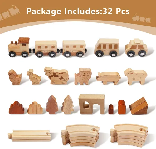 Miniatura 2 de Juego de tren de madera Montessori juguetes para niños fomentan el juego imaginativo y las habilidades motoras finas, pistas de tren de doble cara