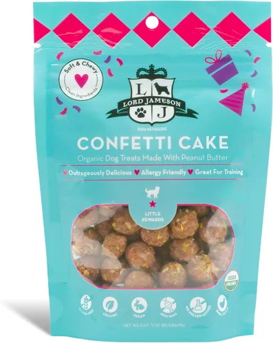 Lord Jameson Confetti Cake Soft & Chewy - Golosinas orgánicas certificadas para perros de razas pequeñas, mantequilla de maní y coco, receta de