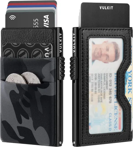 Miniatura 43 de VULKIT Billetera minimalista con ventana de identificación y bolsillo EDC con bolsillo desplegable para tarjetas de crédito y bloqueo RFID, diseño