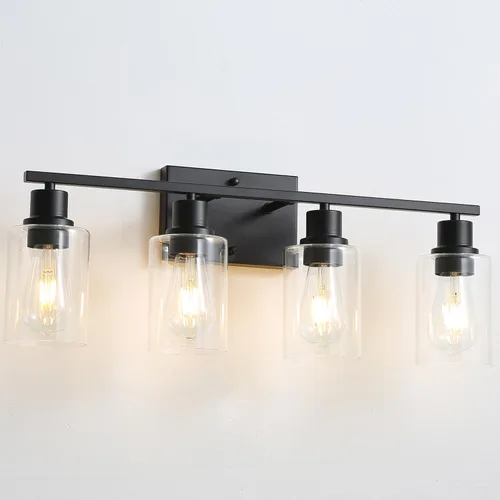 Miniatura 13 de Lámparas de tocador de baño de 3 luces, apliques de pared negro mate con pantallas de vidrio transparente, iluminación de pared moderna de granja