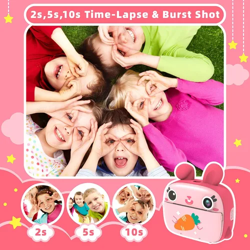 Miniatura 4 de Cámara instantánea para niños, cámara de impresión instantánea de 2.5 K sin tinta, tarjeta de 32 GB, selfie y video de 1080P, regalo de juguete rosa