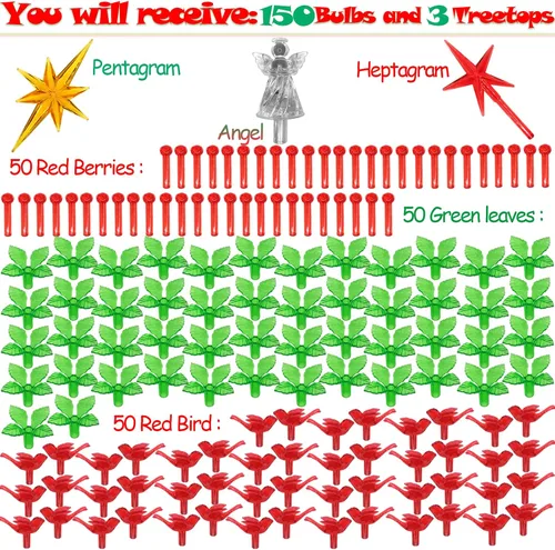 Miniatura 4 de 153 luces de cerámica de repuesto para árbol de Navidad, 50 bombillas de hojas verdes Lites, 50 clavijas de árbol de bayas de plástico y 50 adornos