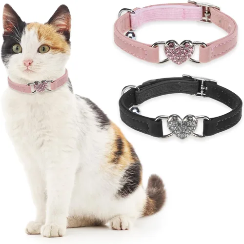 Miniatura 20 de BINGPET collar ajustable para gatos, de terciopelo suave, seguro, collares Bling diamante con cascabel, Adjustable, Rosado claro Rosa