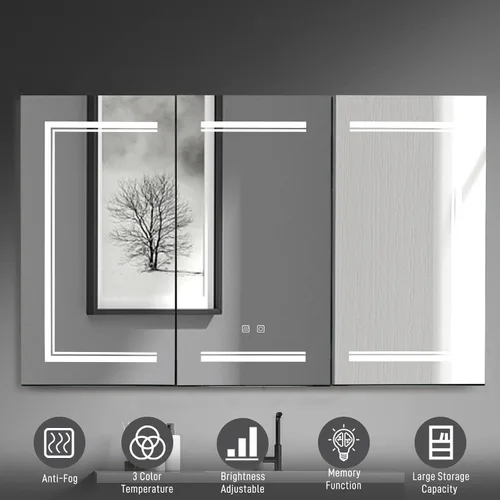 Miniatura 5 de Karl home Botiquín de baño de 3 puertas de 48 x 28 pulgadas con espejo LED, gabinete de baño regulable de 3 colores montado en la pared con estantes