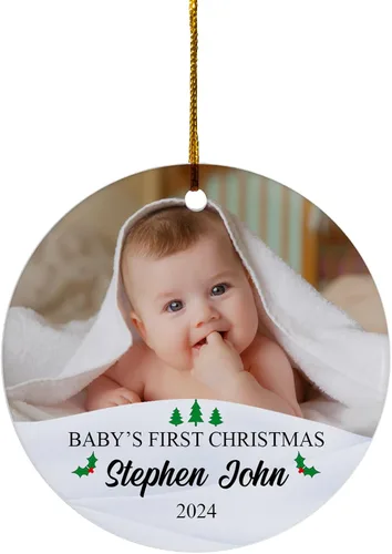 FLOCHIL Adorno personalizado para la primera Navidad del bebé con nombre de foto, adorno personalizado para la primera Navidad, regalos para bebés,