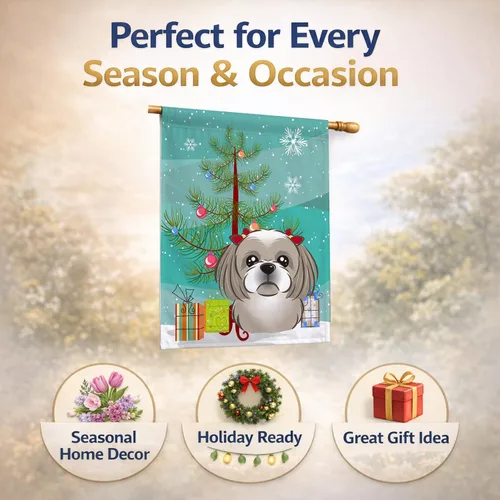 Miniatura 6 de Caroline's Treasures BB1622CHF - Bandera de casa Shih Tzu con árbol de Navidad y gris plateado para porche, grande, para colgar en la pared
