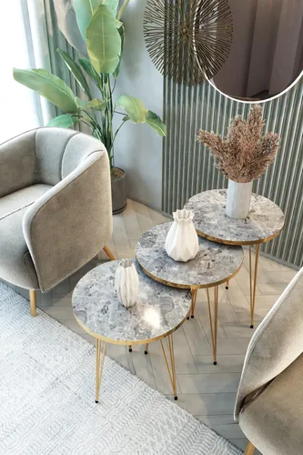 Miniatura 2 de Juego de 3 mesas auxiliares anidadas redondas de madera apilables, mesa de sofá lateral de café con patas de metal para sala de estar, oficina