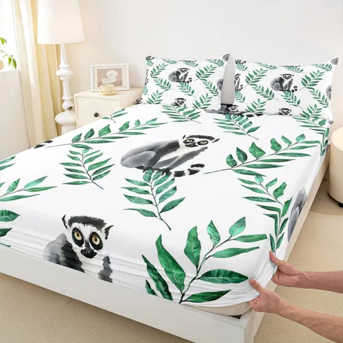 Miniatura 6 de Madagascar - Sábana bajera ajustable tamaño individual, bonito juego de ropa de cama con patrón de lémur, tamaño individual para niños, niñas