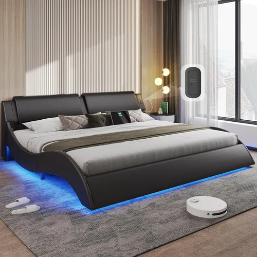 Miniatura 11 de DICTAC - Marco de cama Queen con luces LED y puertos de carga, cama moderna tapizada tamaño Queen con cabecera, marco de cama de plataforma