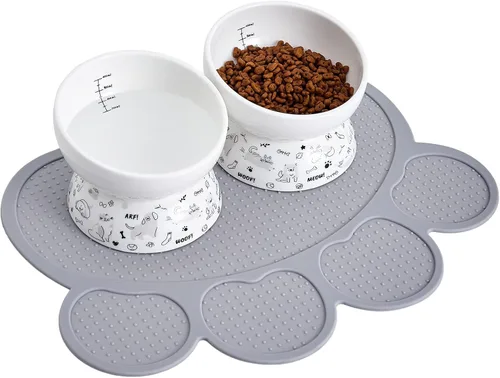 Juego de cuencos elevados de cerámica para gatos | Cuencos elevados para alimentos y agua para gatos y perros pequeños | Paquete de 2 cuencos Gris