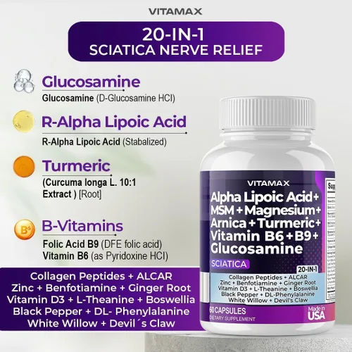 Miniatura 6 de Apoyo para la salud del nervio ciático - Suplemento para el nervio ciático en cápsulas con ácido fólico, guisante, glucosamina, MSM, complejo
