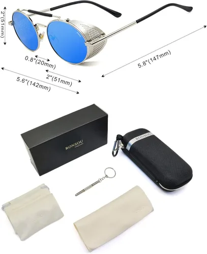 Miniatura 5 de RONSOU - Lentes de sol polarizados estilo steampunk redondas y vintage, con protección UV400, con marco