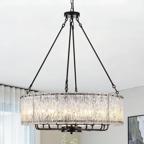Miniatura 11 de CATINER Candelabro de cristal de 20 pulgadas, moderno, 6 luces, lámparas de tambor dorado, iluminación colgante de techo de lujo para entrada