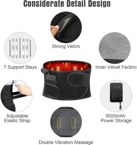 Miniatura 6 de Soporte térmico para la espalda con masaje, almohadilla térmica recargable para aliviar el dolor de espalda, cinturón de apoyo de espalda ajustable