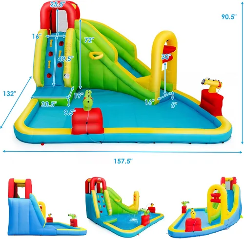 Miniatura 6 de HONEY JOY Tobogán acuático inflable, parque acuático inflable 7 en 1 para patio trasero de niños, piscina de chapoteo, pared de escalada, toboganes