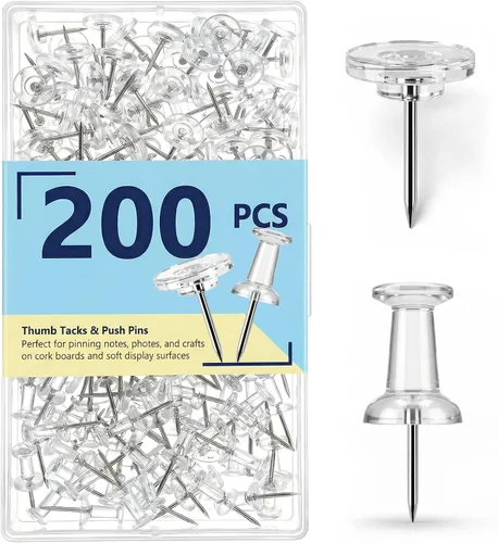 Paquete de 200 pasadores transparentes y tachuelas para pulgar, cabeza plana transparente para tablón de anuncios, punta de acero resistente y caja