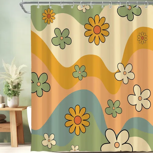 Miniatura 28 de Cortina de ducha pequeña para casa rodante, tamaño medio, estilo retro de los 70, con flores bonitas, estética abstracta de margaritas, decorativa