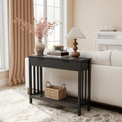 Miniatura 2 de TaoHFE Mesa de entrada negra con cajón, mesa consola estrecha moderna de madera con almacenamiento, mesa de pasillo, mesas de sofá para sala