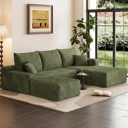 Miniatura 34 de Sofá modular Cloud de 95 pulgadas con otomana, moderno sofá nube en forma de U con asiento profundo, cómodo sofá de pana de 3 plazas, sofá de espuma