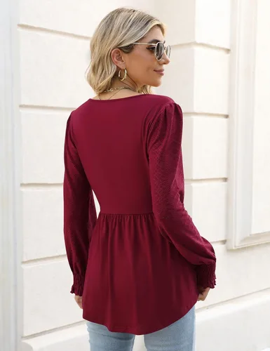 Miniatura 5 de Widmile Blusa de manga abombada para mujer, estilo casual, cuello cuadrado, con estampado floral, con encaje