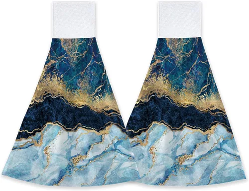 Juego de 2 toallas de mano de mármol azul dorado con bucle, toallas de secado rápido, toallas suaves para cocina, platos de té, toallas para baño,
