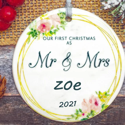 Miniatura 21 de Adorno de matrimonio de 1ª Navidad – Adorno de Navidad «Just Married» – Adorno de señor y señora – Adornos de boda – 1ª Navidad comprometida