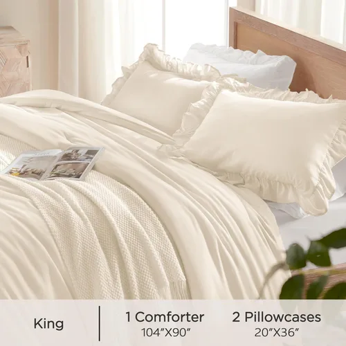 Miniatura 9 de Andency Juego de edredón beige tamaño King, 3 piezas estilo farmhouse shabby chic con volantes, ligero esponjoso suave de microfibra para todas