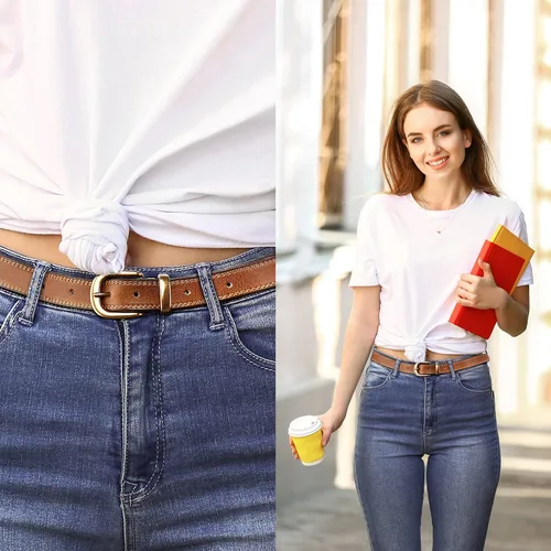 Miniatura 47 de Cinturones para mujer para jeans de 1.1 pulgadas de ancho, cinturones para vestidos de cuero de grano completo con hebilla dorada, caja de regalo