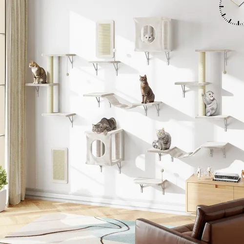 Miniatura 10 de NUNU LAB Juego de muebles para gatos montados en la pared, juego de 6 piezas para escalar con casa, puente, escalones, tabla rascadora - Paredes