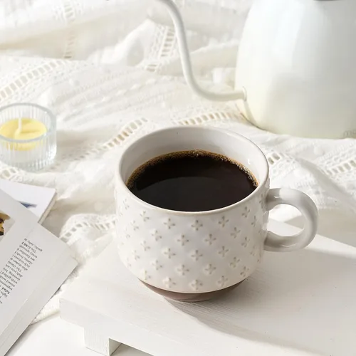 Miniatura 8 de Juego de 4 tazas de café de cerámica grandes con soporte, 15 oz, apilables, tazas de café con relieves diferentes y acanaladas para café con leche