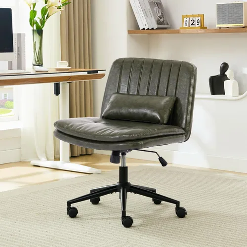 Miniatura 12 de Oprisen Silla cruzada con ruedas, cómodo cojín grueso sin brazos, asiento ancho, patas cruzadas, silla de oficina con almohada, ajustable giratoria
