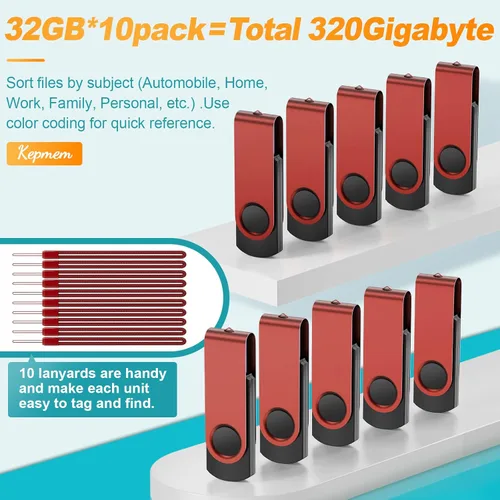 Miniatura 7 de Kepmem Unidades flash USB de 1 GB, paquete de 10 - Memorias USB 2.0 metálicas - Pendrive giratorio - Llavero portátil - Rojo