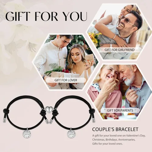 Miniatura 6 de 2 pulseras a juego para parejas, pulseras de corazón de acero inoxidable, pulseras personalizadas para el día de San Valentín, cumpleaños, Navidad