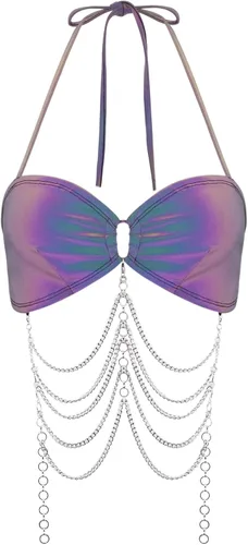 Mocure Camiseta sin mangas holográfica reflectante metálica para mujer, para Rave Festival Club